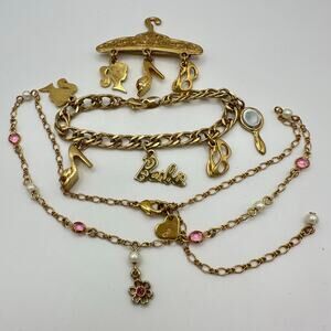 Mattel 1996 Barbie gold tone charms bracelet brooch pink rhinestone necklace set
